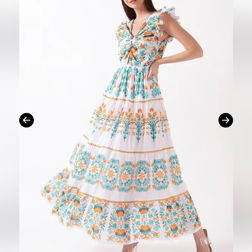 New with tags! CELINA MOON Floral Maxi Dress in White, Orange and turquoise - Picture 9 of 9